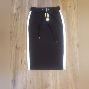 Black Contrast Side Stripe Split Hem Midi Skirt